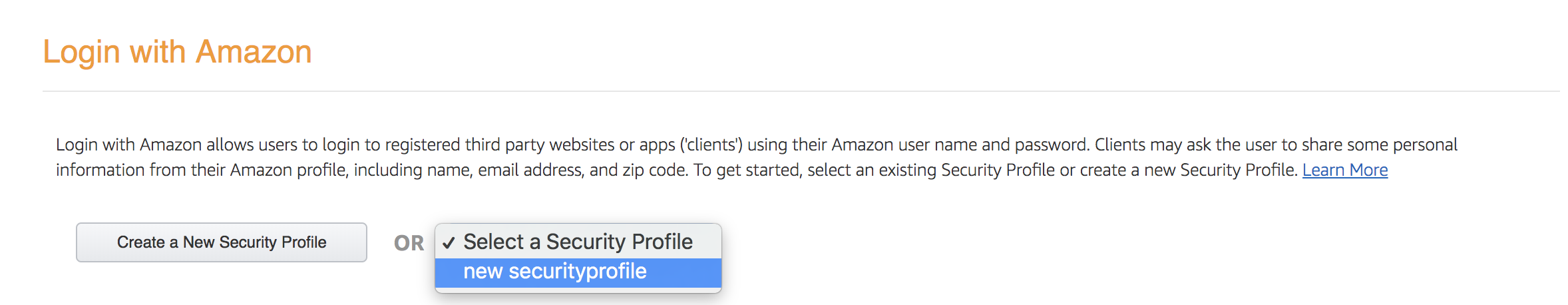 Amazon example: selecting a security profile to enable Login with Amazon