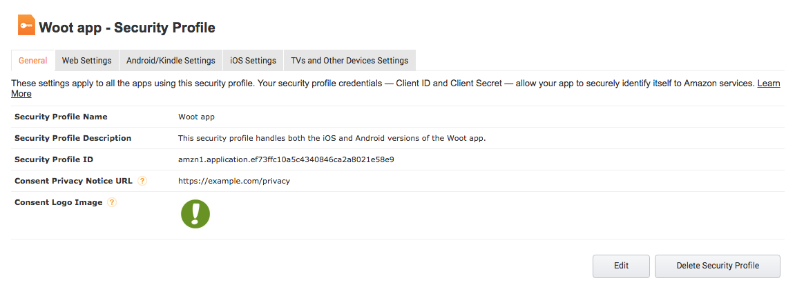 Amazon example: security profile name, description and privacy notice