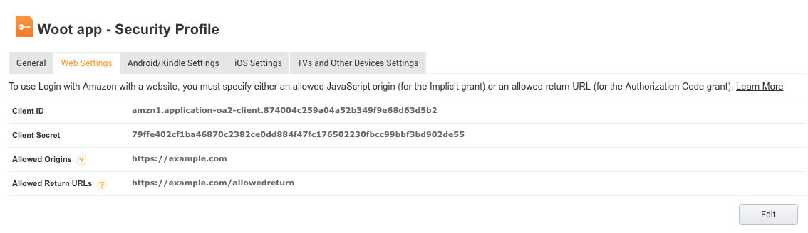 Amazon example: Web Settings and Allowed Return URLs